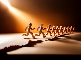 Fototapeta premium Paper figures in motion, running on a torn paper path towards a bright light source in the distance. Suggests progress and direction.