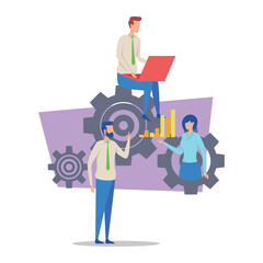 Three professionals engaged in teamwork, utilizing laptop and charts while surrounded by gears. Dynamic approach to business strategies and data analysis concept