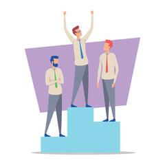 Three professionals in formal attire expressing joy in office setting. One standing triumphantly on pedestal, while others looking on with smiles, reflecting teamwork and achievement