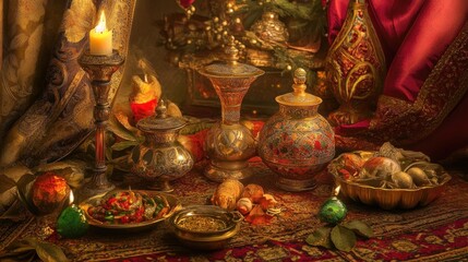 Obraz premium Candlelit Persian still life, autumnal fruit, spices, ornate vessels