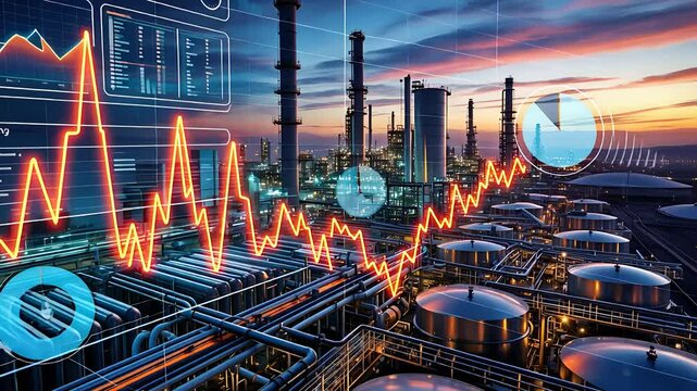 Industrial refinery with financial stock market data overlay, rising economic graph, and futuristic analytics elements

 - Powered by Adobe