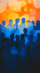 Abstract illustration of a crowd, silhouette of people in blue and orange colors