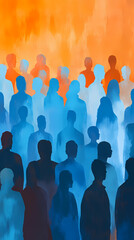 Abstract illustration of a crowd, silhouette of people in blue and orange colors