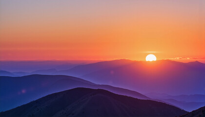 Obraz premium Stunning sunrise over mountain silhouettes for travel blogs, landscape websites, nature-themed stationery, and digital art projects