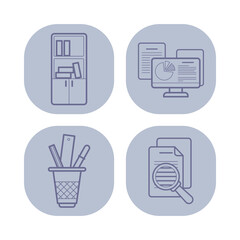 Set of four icons with essential workplace elements. Cabinet with files, computer with graphs, pen holder, and document with magnifying glass