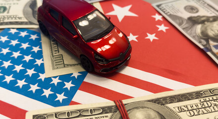 Car's keys on the dollar money and usa flag, finance purchase sale insurance concept