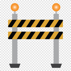 Road barrier icon. Symbol of restricted barrier isolated on transparent background. Fence of building or repair works sign. Barrier, roadblock, road, car, roadworks, fence, accident, vector.