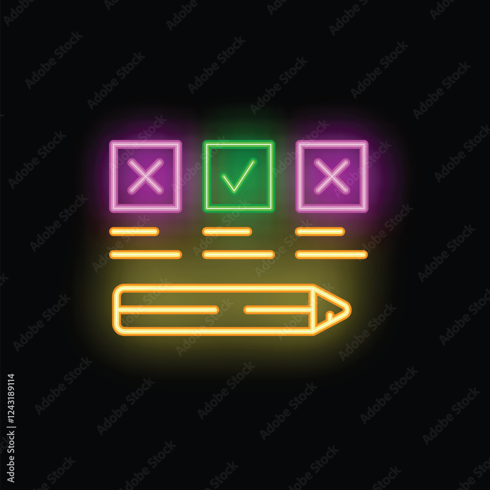 Poster neon sign representing an online survey with check marks for multiple choice answers and a pencil fo