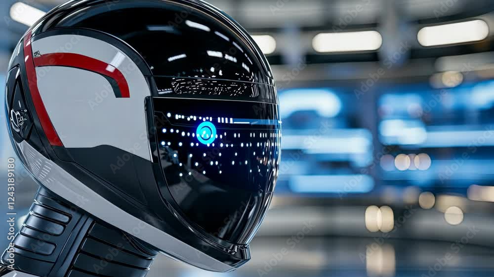 Poster a robot with a sleek helmet features high-tech visuals, highlighting innovation in robotics within a