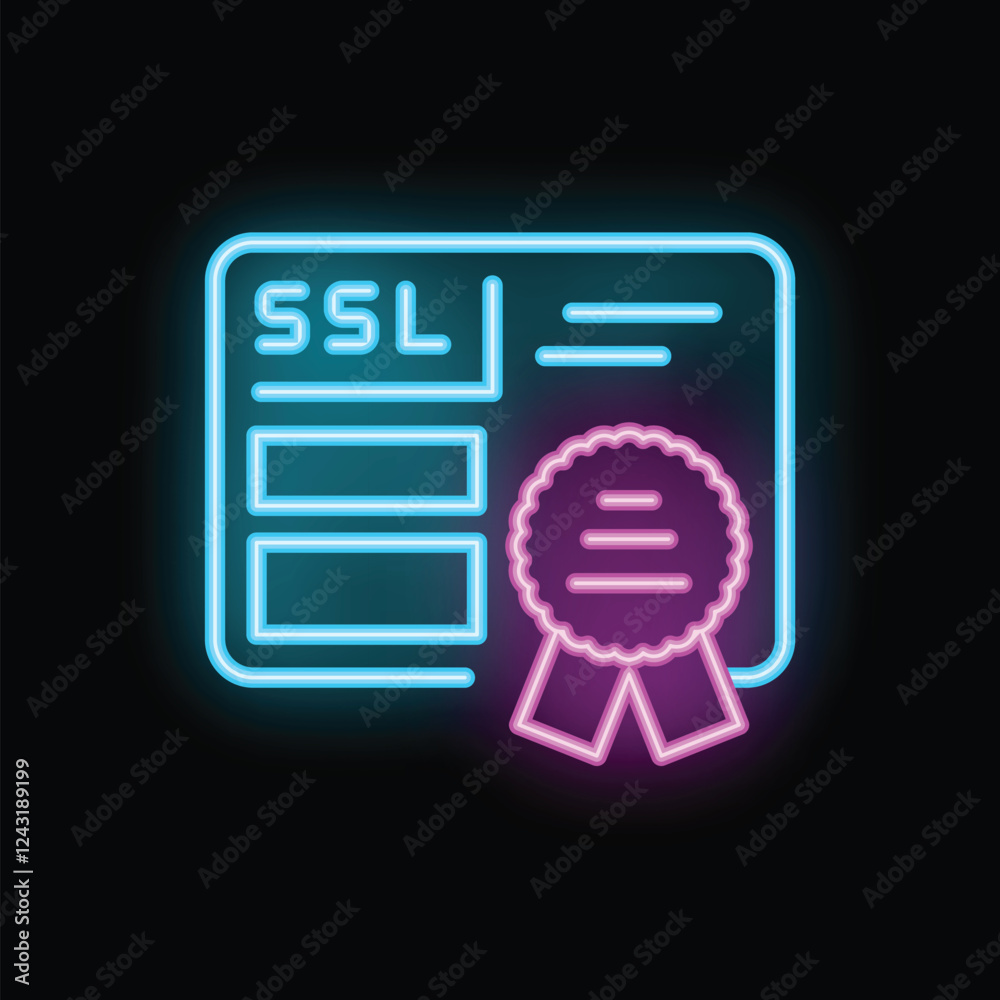 Poster glowing neon icon of an ssl certificate representing a secure connection on black background