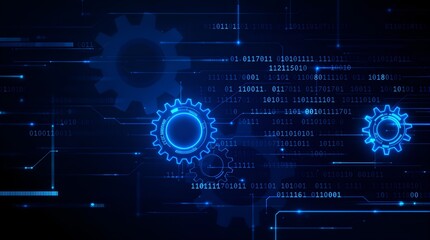Obraz premium Binary Progression: Blue Gears and Data Processing in a Digital World