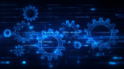 Obraz premium Tech in Motion: Illuminated Gears and Data Streams in Digital Space