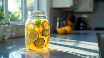 Refreshing lemon & cucumber infused water by sunny window in modern kitchen