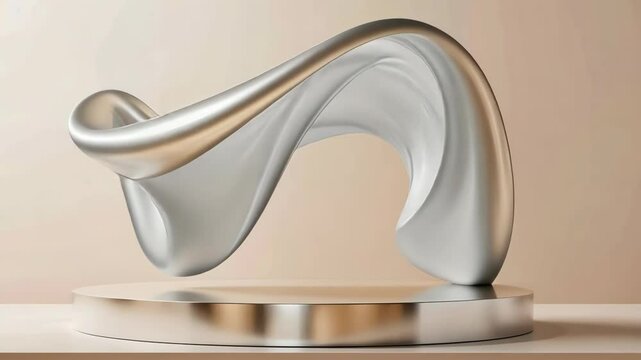 An empty podium awaits the presentation of a captivating metallic sculpture. The smooth, flowing design is accentuated by an elegant background, creating a visually striking display