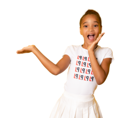Happy preteen afro american female pupil in white t-shirt points fingers to side at free space, isolated on transparent background, panorama. Recommends of ad or offer with positive facial expression