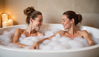 Obraz premium Two women smiling and enjoying a bubble bath surrounded by candles for blogs, wellness websites, relaxation-themed designs, self-care articles, and social media content