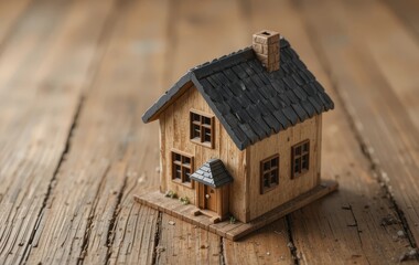 A miniature wooden house with a black metal roof on a rustic wood background