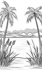 Obraz premium Tropical lake scene with palm trees and shoreline grasses
