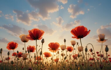 Fototapeta premium A field of red poppy flowers with a beautiful sunset sky in the background