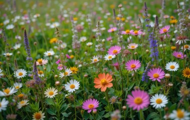 Obraz premium A field of colorful wildflowers with a blue sky in the background