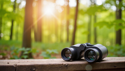 Binoculars resting on a wooden surface in a sunlit forest for blogs, websites, outdoor adventure designs, nature-themed projects, educational content, and wildlife exploration materials
