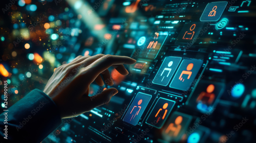 Poster engagement with digital interface displaying data visualization and technology concepts in a modern 