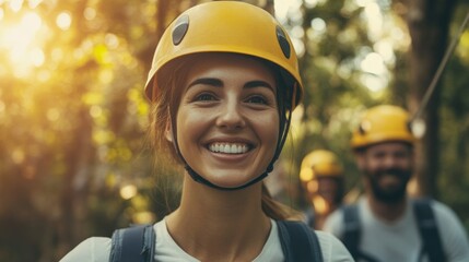 woman wearing safety helmet smiles brightly during outdoor team building adventure in forest setting, with sunlight filtering through trees