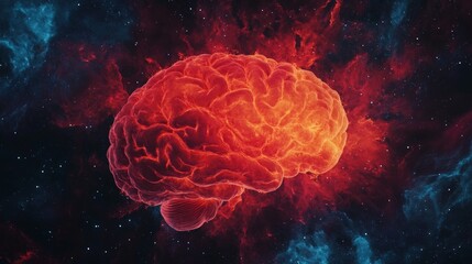 Obraz premium glowing red brain floats in cosmic space background, symbolizing powerful mind. vibrant colors and intricate details create sense of wonder and intelligence