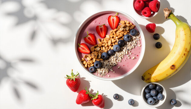 Fruit smoothie bowl with fresh toppings and granola on a white background for health blogs, recipes, nutrition education, fitness websites, and social media content