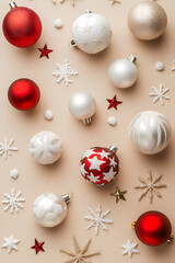 Christmas background with white and red ornaments, stars, and snowflakes on a beige background