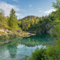 Fototapeta premium Serene Turquoise Lake Reflecting Lush Mountainside