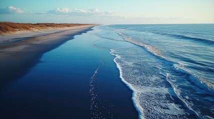 Serene coastal scene with sandy beach and ocean waves