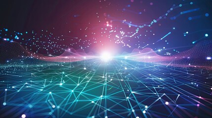 Obraz premium Futuristic abstract-surreal landscape with neon wireframes, glowing grids, and flowing waves. Radiant horizon light. AI generative.