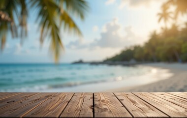 Fototapeta premium A wooden table with a beach and palm tree scene in the background