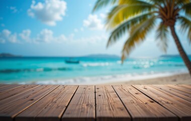 A wooden table with a beach and palm tree scene in the background