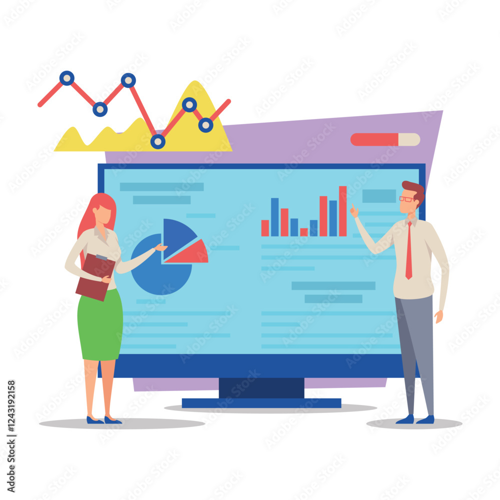 Poster two professionals discussing business insights while examining data on large screen with charts and 