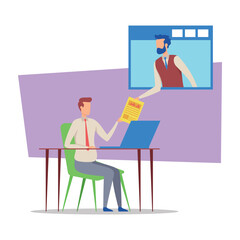 Man in formal attire sitting at desk, holding document while engaging in virtual meeting. Effective communication and project planning concept
