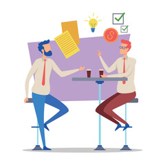 Two colleagues engaged in conversation at contemporary workspace. Men discussing ideas, strategies, and financial matters while enjoying beverages