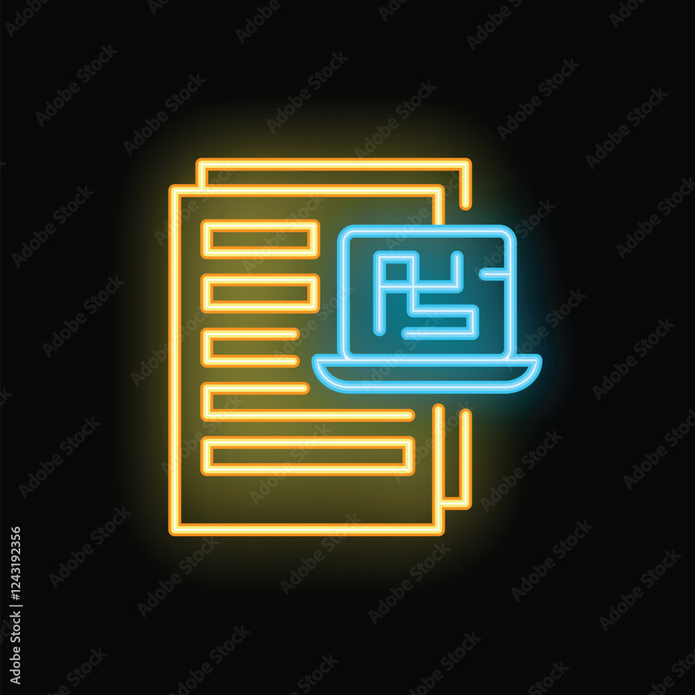 Poster neon icon of a laptop displaying data analysis results with documents, symbolizing data driven decis