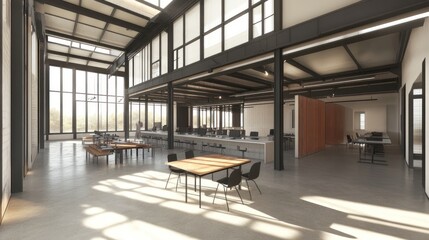 A spacious modern office interior with large windows and collaborative workspaces.
