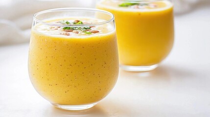 Golden Mango Smoothie in Glass on White Background