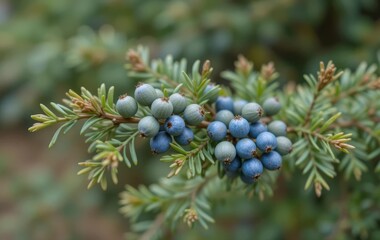 A juniper branch with blue and green berries growing on it
