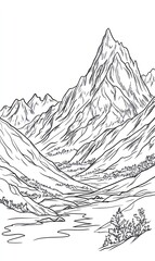 Majestic Mountain Range Landscape Drawing in Black and White