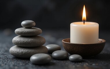 Obraz na płótnie Canvas A close-up of zen stones and a lit candle on a dark background