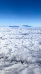 Expansive aerial view of white clouds stretching to the horizon under a deep blue sky. The high-altitude perspective captures the beauty of air travel and nature.