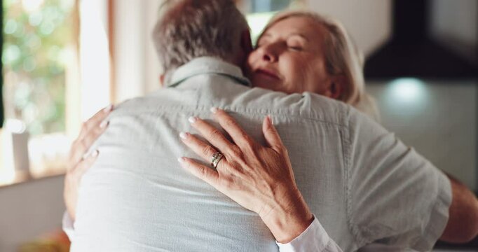 Love, senior couple and hug in home for care, romance and happiness on valentines day. Retirement, man and woman embrace together for relationship, commitment and marriage anniversary with soulmate
