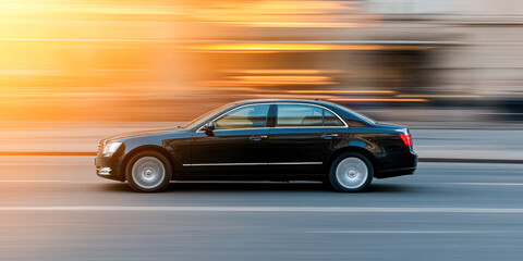 Dynamic car motion urban street sunset vibes side view speed