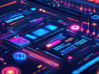 Obraz premium Futuristic digital interface with vibrant neon colors and data visualization elements, showcasing advanced technology and machine learning concepts