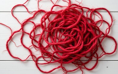 A pile of tangled red wool on a white wooden table