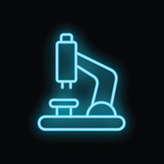 Neon blue icon of a microscope is glowing on a black background